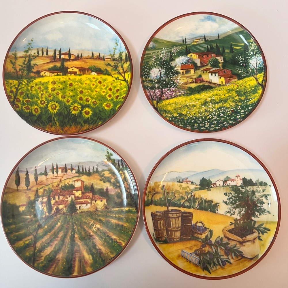 CMG Portugal Hand Painted Landscape Salad Plates Set of 4 Vineyard Sunflowers